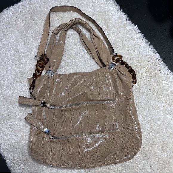 b makowsky leather beige snake embossed large double handle shoulder bag - Picture 1 of 11